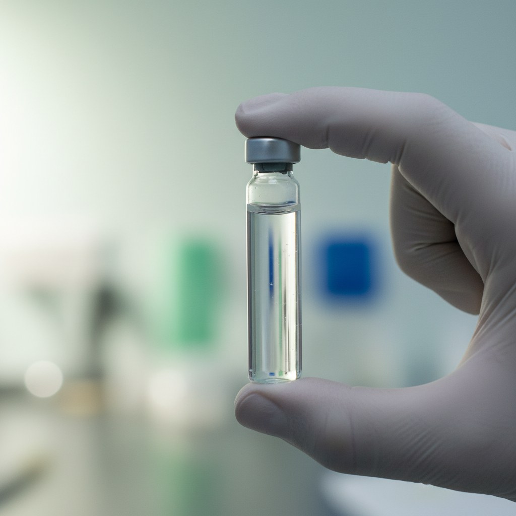 Hand inspecting a small clear peptide vial under soft clinical lighting